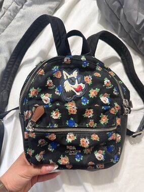 COACH Black Floral Mini Backpack with Fox Patch and Sunflower Accents